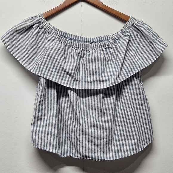 Papaya Striped Off-Shoulder Top Large Blue and White Crop Blouse Romantic Boho - Picture 1 of 7
